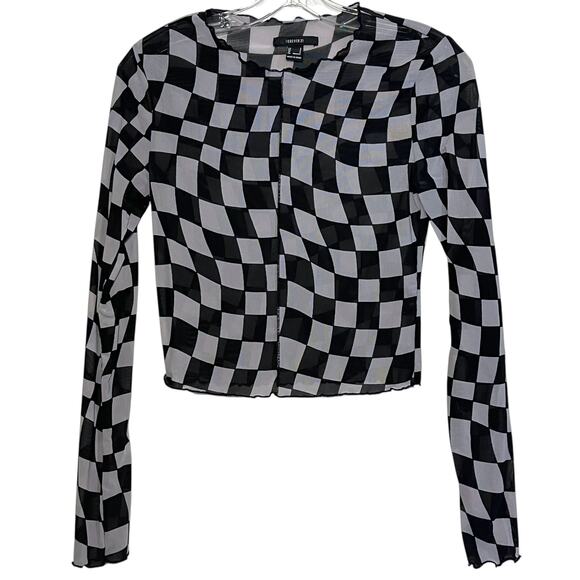 Forever 21 Tops - Forever 21 Sheer Mesh Checkered Top Long Sleeve Black White Small